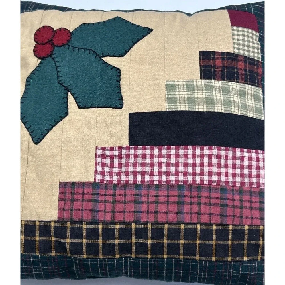 Pillow Christmas Holly Patchwork Handmade Open Back Cover Green Red 12